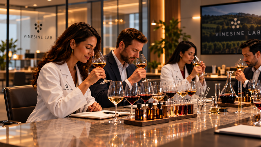 A group of corporate professionals in white lab coats gathered around a polished stone table, smelling and tasting red and white wines in elegant glasses. The Vinesine Lab logo is visible on the wall behind them.