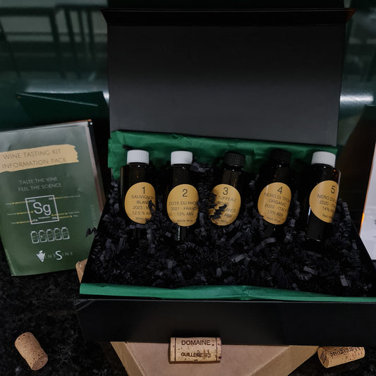 Vinesine At-home wine tasting kit in the premium black gift box with 5 miniature bottles of wine, tasting information guide also know as tasting instruction 