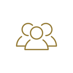 A minimalist gold line icon depicting three overlapping human figures, commonly used to represent a group or multi-person product, shown on a solid white background. Vinesine.co.uk