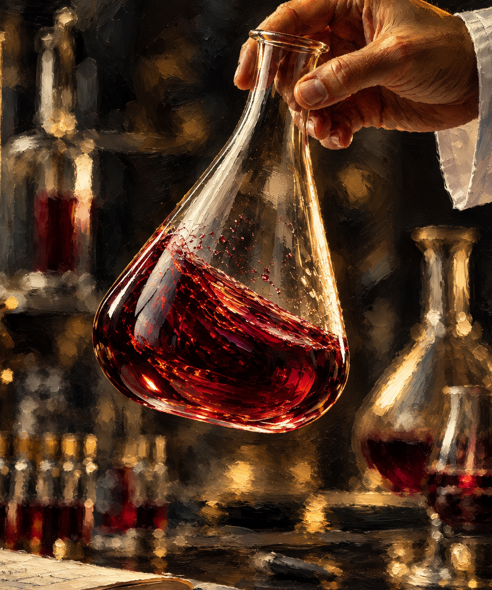 A hand holds a clear glass conical flask filled with deep red liquid, set against a dark, painterly laboratory background with other glassware and warm golden lighting in Vinesine Lab multi-sensory tasting studio.