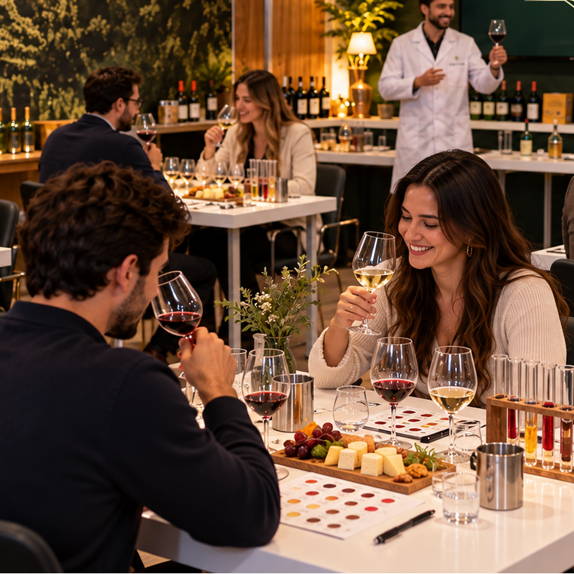 A wine tasting Lab event at Vinesine, with guests seated at tables sampling red and white wines, a bartender in a white coat serving, and a large screen displaying the Vinesine brand name.